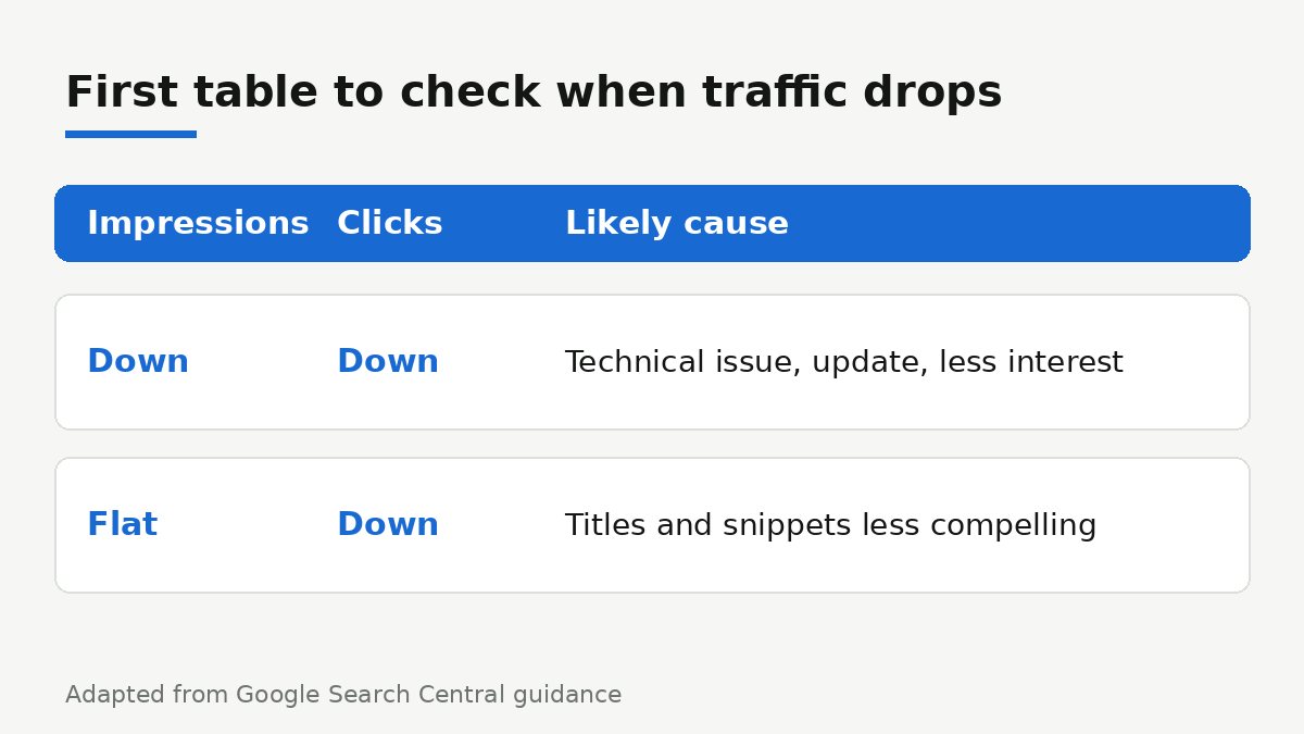 Table of likely causes of a traffic drop based on changes in impressions and clicks in the Search Console performance report